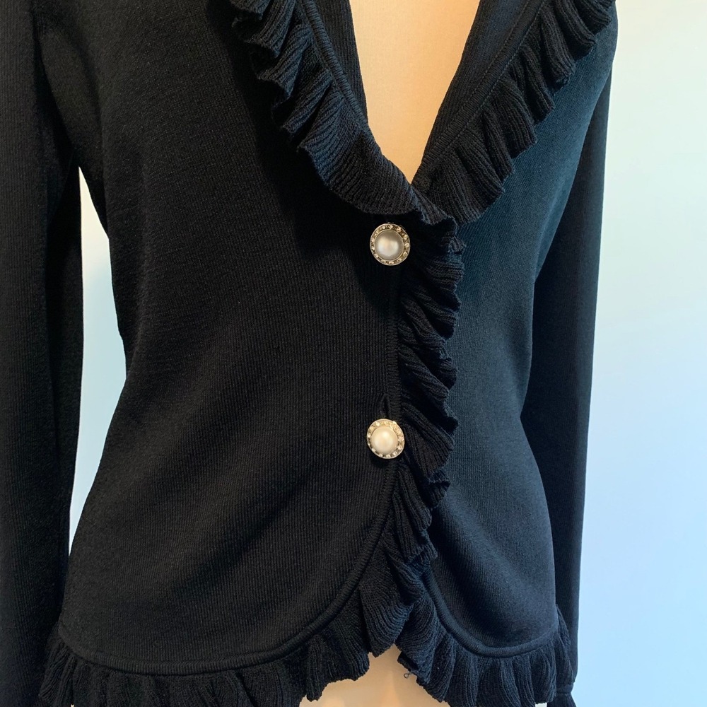Vertigo Paris Black Ruffle Trim Pearl Button Womens Cardigan Sweater Top Medium - Picture 7 of 11